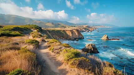 A scenic coastal hike along rugged cliffs and sandy shores, with hikers traversing picturesque...