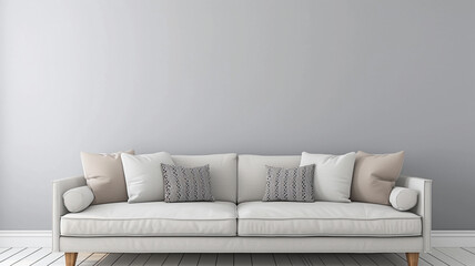An easy-going bedroom arrangement with a straightforward sofa against a light gray background wall.