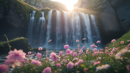 Beautiful, gorgeous landscape with serene waterfall and blooming flowers in the foreground on a sunny day. Wallpaper.