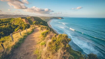 A scenic coastal running path, winding along cliffs and beaches with panoramic views of the ocean...
