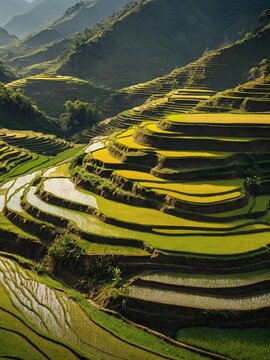 A magnificent landscape unfolds as terraced rice fields cascade down the mountainside.
