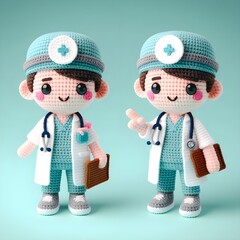 Ai Generated Crochet doll a doctor cute excited funny smiling wearing uniform and equipment, is standing, 3d render