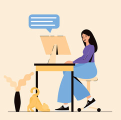 A woman works at a computer in the office and receives messages. A cat lies nearby.