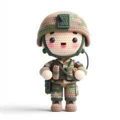 Ai Generated Crochet doll Army cute excited funny smiling wearing uniform and equipment, is standing. 3d render