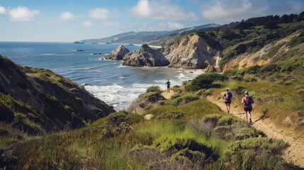 A scenic coastal trail, winding through sand dunes and rocky cliffs, with hikers and trail runners...