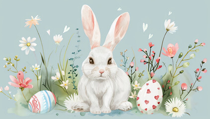 Easter card with a cute white rabbit, eggs and spring flowers on a light blue background, vector...