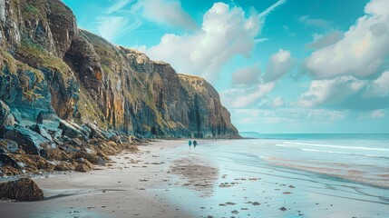 A scenic coastal walk along sandy shores and rocky cliffs, with walkers enjoying the fresh sea breeze and the calming rhythm of the waves.