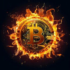 burning gold bitcoin on a dark background, Ai Generated