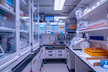 An image showcasing the inside of a clean, well-equipped virology laboratory with safety cabinets, virus cultures, and biomedical research equipment.