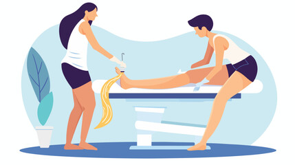 Beautician waxing a womans leg applying strip of ma