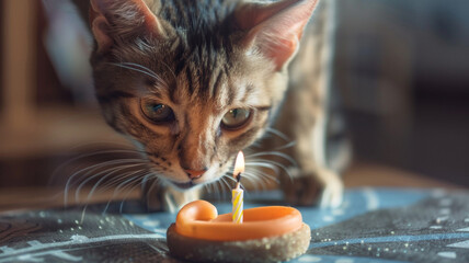 A captivating moment as a cat gently sniffs at a single, tiny birthday candle set atop a safe, cat-friendly treat,  - obrazy, fototapety, plakaty