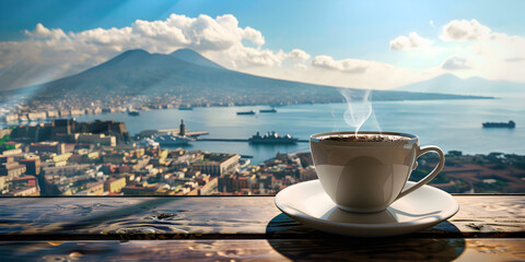 Morning serenity savoring a cup of coffee with a breathtaking view of mount,  Morning coffee serenity. - obrazy, fototapety, plakaty