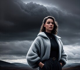 A woman standing in a field with a cloudy sky in the background.