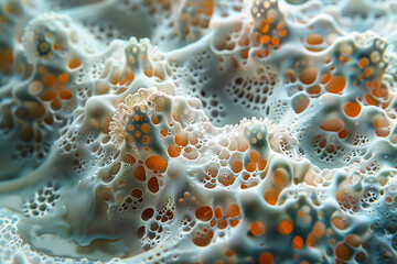 A close-up of an intricate microbial colony forming fractal-like patterns on a nutrient-rich medium, showcasing the beauty of natural growth processes.