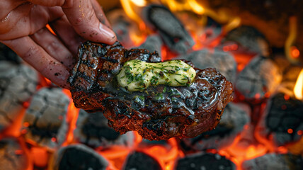 A close-up of a hand holding a juicy, grilled steak with herb butter melting on top, over a...