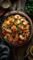 Moroccan Seafood Couscous, Delicious food style, Horizontal top view from above
