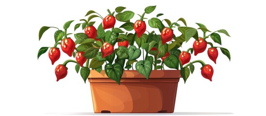 A potted plant with red peppers and green leaves makes a festive Christmas decoration on a white background