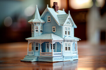 A delicate powder blue miniature house, radiating softness and charm, on a deep mahogany surface.