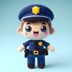 Obraz na płótnie Canvas Ai Generated Crochet doll a Police cute excited funny smiling wearing uniform and equipment, is standing, 3d render