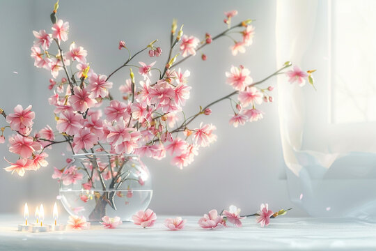 A delicate arrangement of pink cherry blossoms in a transparent vase, accompanied by a set of small, flickering birthday candles, against a serene, white background.