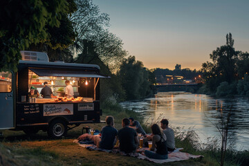 A food truck by the riverside at dusk, serving freshly caught seafood and craft beers to people sitting on picnic blankets, enjoying the tranquil water view. - Powered by Adobe