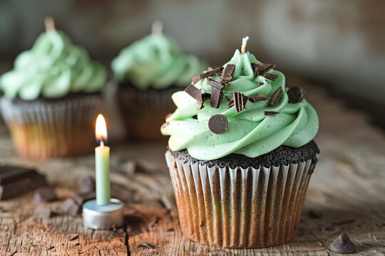 A mint chocolate chip cupcake with green frosting and chocolate shavings, alongside a small, flickering birthday candle, on a rustic wooden table.