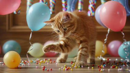A playful orange tabby cat pawing at a colorful string of birthday party decorations, surrounded by...