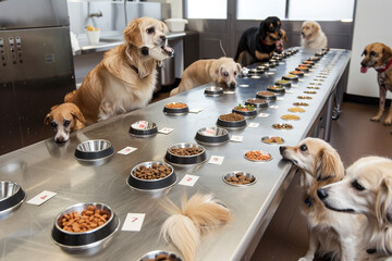 A professional taste test setting for dogs, featuring a lineup of different gourmet dog food options presented on a long, stainless steel table - obrazy, fototapety, plakaty