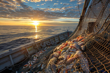 A serene morning on a fishing boat, with the net full of a diverse catch being hauled in, sparkling in the first light of day, with the calm ocean and rising sun in the background. - obrazy, fototapety, plakaty