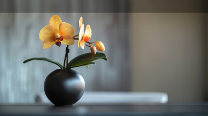 A single, exquisite golden orchid in a sleek, black ceramic vase, placed as the centerpiece on a...