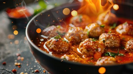 A delicious bowl of meatball with typical Indonesian spicy oriental soup. Processed meat dish illustration - obrazy, fototapety, plakaty