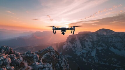 Fototapeta na wymiar Experience the beauty of morning light illuminating mountain ranges through this drone's eye view.