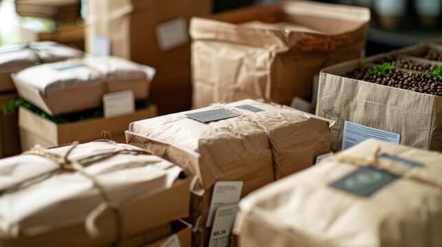 E-commerce packaging, close-up on eco-friendly materials and labels, responsible shipping