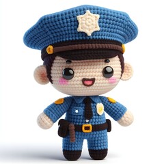 Obraz premium Ai Generated Crochet doll a Police cute excited funny smiling wearing uniform and equipment, is standing, 3d render