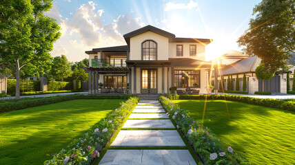 Majestic new luxury home with a flourishing lawn, walkway leading to an opulent porch and front door, in high-definition sunlight.