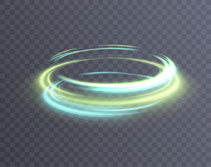 Abstract glowing green ring portal. A bright trail of luminous rays swirling in a fast spiral motion. Vector