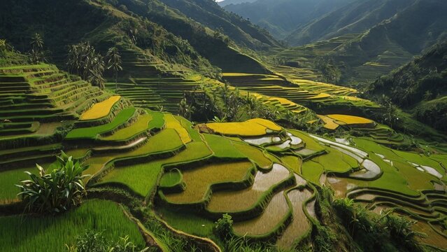 A magnificent landscape unfolds as terraced rice fields cascade down the mountainside.