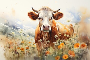 A pastoral scene of a cow in a flower field, the peacefulness of rural life mirrored in soft watercolor washes - obrazy, fototapety, plakaty
