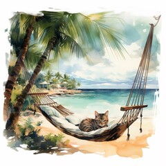 A tropical beach where a lazy cat naps in a hammock, surrounded by watercolor palm trees and a turquoise sea - obrazy, fototapety, plakaty