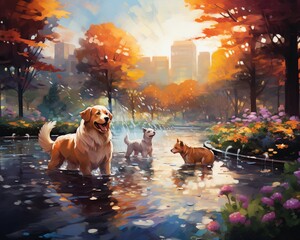 dog in the park, A vibrant depiction of a city park at sunrise, where dogs of various breeds play amidst splashes of colorful light - obrazy, fototapety, plakaty
