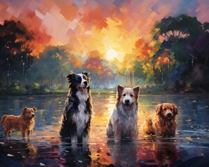 A vibrant depiction of a city park at sunrise, where dogs of various breeds play amidst splashes of colorful light - obrazy, fototapety, plakaty
