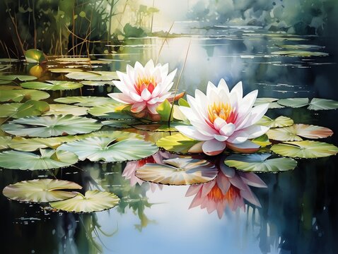 pink water lily, A quiet pond where ducks paddle through water lilies, their forms and reflections painted with watercolor gentleness