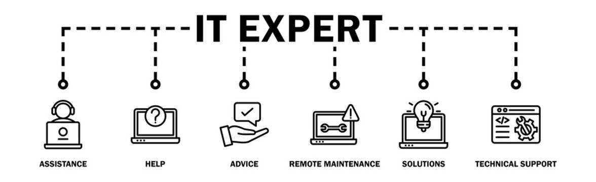 IT Expert banner web icon vector illustration concept with icon of assistance, help, advice, remote maintenance, solutions and technical support