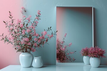 Pink Flowers in Vases with Mirror Reflection