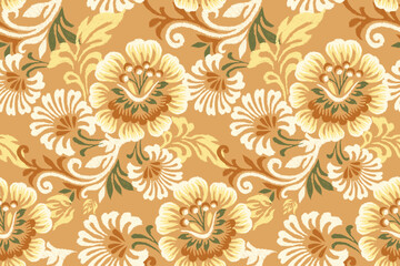 Fototapeta na wymiar White and orange flower with green leaf seamless pattern on orange background vector illustration.hand drawn seamless pattern.