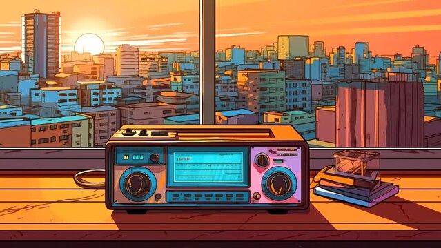 A Radio in the window with sunset view, for music background. seamless looping 4k time-lapse animation video background