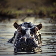 Hippo Peeking Above Water in Natural Habitat