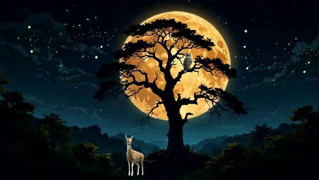 Animated Scenery of a beautiful forest at night on a full moon with an owl and a Deer Seamless looping 4k time-lapse animation video background