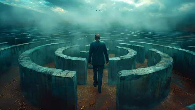 A man stands in a maze and thinks, view from the back. The concept of difficulty in making a decision