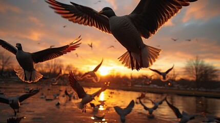 a flock of ducks flies over the lake as the evening sunset.